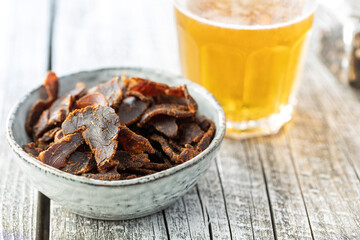 Sliced beef jerky. Dried beef meat.