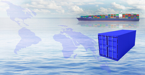 Container ship blue background at sea. Marine logistics and transport concept collage. Partly 3d rendering.