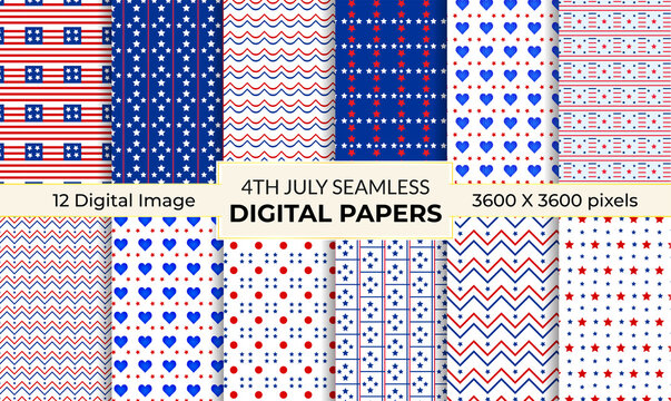 4th july patriotic seamless digital paper pattern set. set of american patriotic textures., Printable Scrapbook Paper Pack