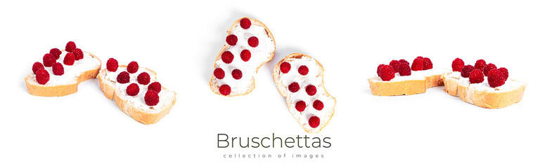 Bruschettas with cottage cheese and raspberries isolated on a white background.