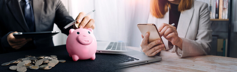 Male hand putting coins with money stack step growing growth and dollar bag. saving money, Concept finance business investment.