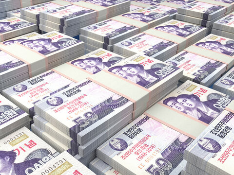North Korean money. North Korean won banknotes. 50 KPW won bills.