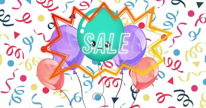 Animation of word sale in white with colourful balloons and streamers on white