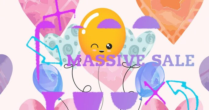 Animation of words massive sale in purple with orange balloon over hearts on pale pink