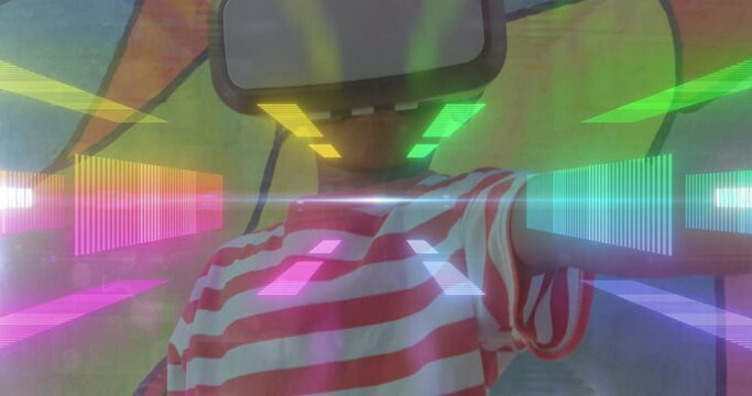 Animation of boy wearing vr headset on vibrant neon background