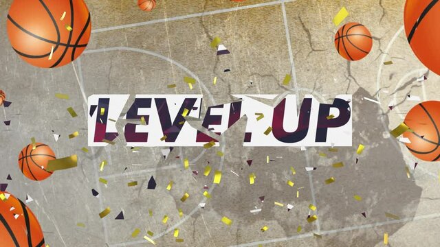 Animation of the words level up in black over basketballs and gold confetti over basketball court
