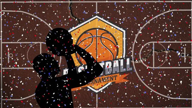Animation of silhouette player and confetti falling on court with words basketball tournament