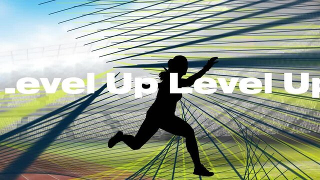 Animation of words level up over lines and runner silhouette on sports field