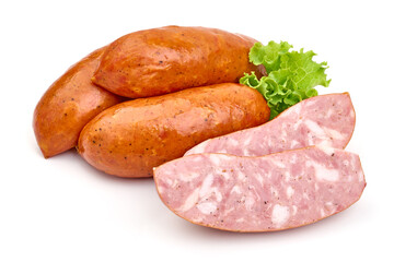 Smoked german sausages, isolated on white background. High resolution image.