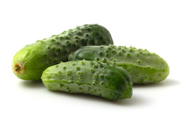 Three fresh cucumbers isolated on a white background. Green cucumbers.