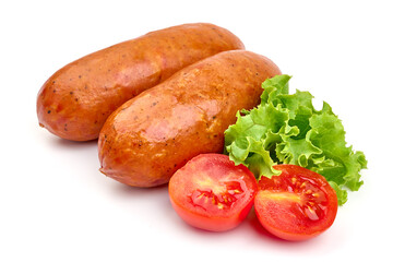 Smoked sausages, isolated on white background. High resolution image.
