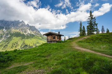 Small hut on hiking trail around Wilder Kaiser mountains, Tirol - Austria