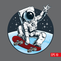 Astronaut skater riding on skateboard through the space. Comic style vector illustration. Isolated on transparent background. © ledokol.ua
