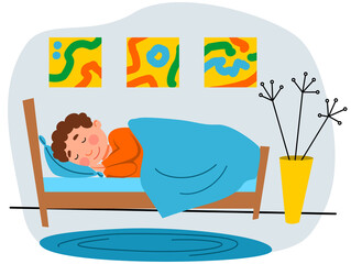 A little boy is sleeping in his bed. A child in pajamas. Vector illustration in a flat style.