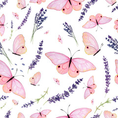 Watercolor butterflies seamless pattern. Pink butterfly and lavender. Butterfly clipart for fabric pattern or scrapbook paper
