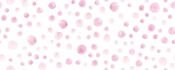 Seamless Pink Watercolor Circles. Vintage Polka Dots Wallpaper. Modern Brush Paint Fabric. Art Rose Watercolor Circles. - obrazy, fototapety, plakaty