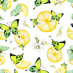 Watercolor butterflies seamless pattern. Butterflies and lemons pattern. Butterfly clipart for fabric pattern or scrapbook paper