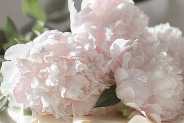 Bouquet of pastel peonies on the table. Flower concept with copy space. Stylish bouquet of pink and white flowers on pastel cloth. Close-up