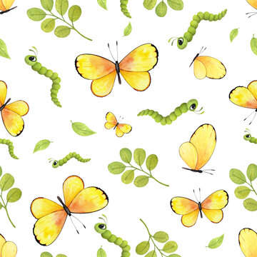 Watercolor butterflies seamless pattern. Yellow butterflies, caterpillars and leaves. Butterfly clipart for fabric pattern or scrapbook paper