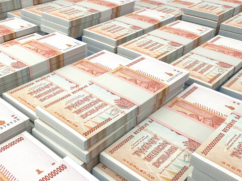 Zimbabwean money. Zimbabwean dollar banknotes. 20 trillions ZWL dollars bills.