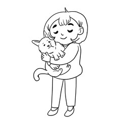 cute doodle cartoon baby girl holding a fluffy cat isolated on a white background, people, care, animals, hug, for print, decor, design, fabric, textiles