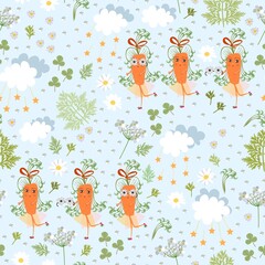 Seamless pattern with cute carrots - characters, clouds, flowers and leaves.