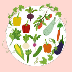 Vegetables Simple Set in Round Frame: Bell Pepper, Radish, Beetroot, Carrot, Turnip, Tomato, Eggplant Celery Corn Lettuce Cucumber