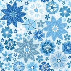 Floral embroidery seamless pattern with blue flowers - snowflakes. Beautiful print for fabric.