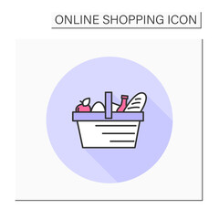 Shopping cart color icon. Full basket of food, grocery. Special offer or sale concept. Mobile retail store or supermarket. Online shopping concept. Isolated vector illustration