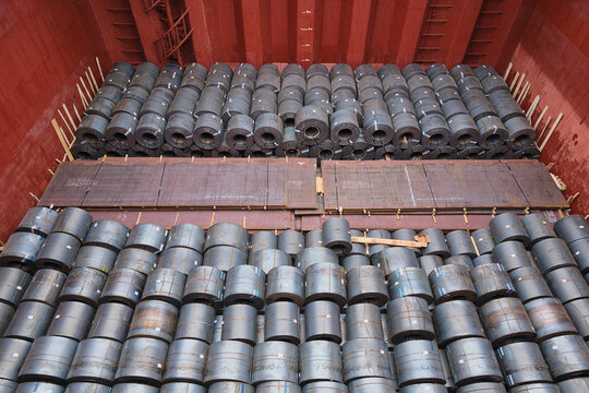 Stowage and lashing of steel products, hot rolled steel plates and coils inside cargo hold of bulk carrier
