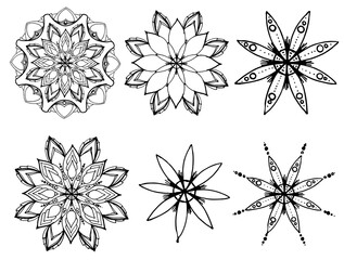 A set of vector mandala. a set of hand-drawn round symmetrical ornaments, black isolated contour. The mandala is a round floral, stylized under a symmetrical pattern of petals with a black line on a w