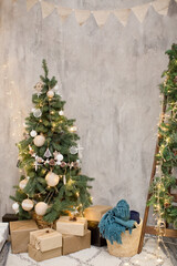 Christmas tree with decorations and gifts