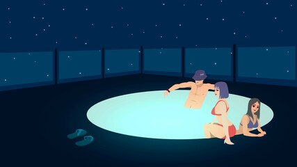 Pool party illustration: one guy and two girls in the jacuzzi - obrazy, fototapety, plakaty