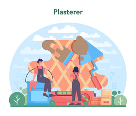 House wall plasterer concept. People in the uniform plastering