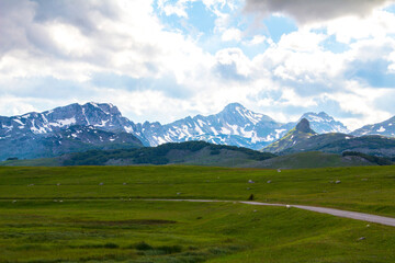 Durmitor National Park. View from the beautiful green glades on the mountains in the distance where there is still snow.