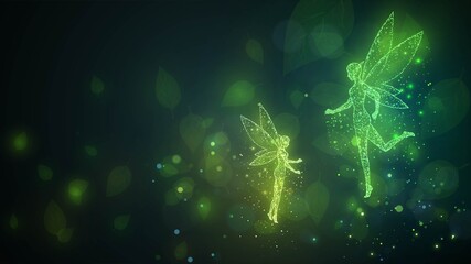 Two glowing green fairies on a dark background with leaves