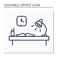 Workplace line icon. Comfortable workplace with table and lamp. Furniture. Office concept. Isolated vector illustration. Editable stroke