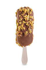 Vanilla ice cream with corn flakes and chocolate glaze on a stick on a white isolated background