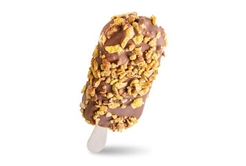 Vanilla ice cream with corn flakes and chocolate glaze on a stick on a white isolated background