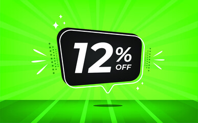 12% off. Green banner with twelve percent discount on a black balloon for mega big sales.