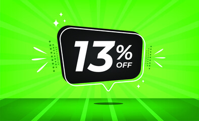 13% off. Green banner with thirteen percent discount on a black balloon for mega big sales.