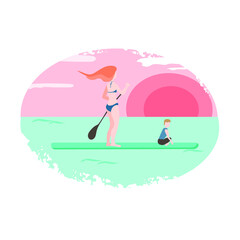 Summer vacation concept. The girl is sailing on the surf with a child. Girl on the surf. Sunset. Summer. Vector in flat style. Suitable for posters, illustrations.