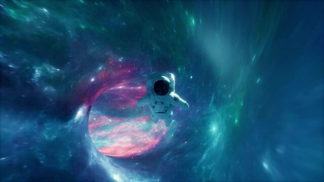 Astronaut flying through space nebula. Vj loop video background. 3d render