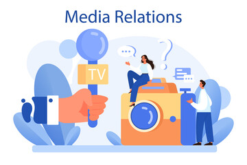Media relations concept. Producing the news and brand advert