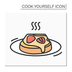 Sweet toast color icon .Toasted bread with peanut butter and strawberries on a plate.Vegan sandwich.Homemade recipe. Isolated vector illustration