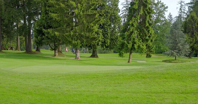 Establishing shot of golf course with gorgeous green and fantastic forest view in Vancouver, Canada, North America. Day time on May 2021. Still camera. ProRes 422 HQ.