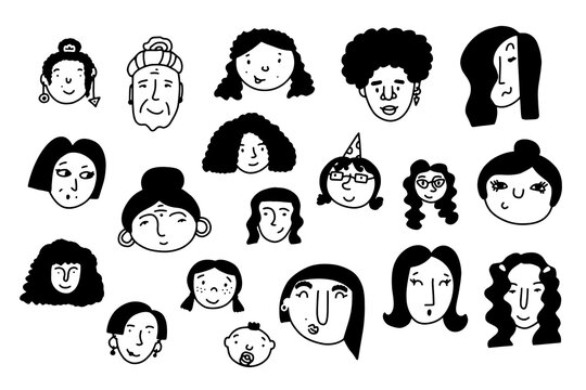 Doodle girls face set. Hand-drawn outline people isolated on white background. Human Avatar Collection. Cartoon young, old women. Female portraits. Different hairstyles, emotions. Vector illustration