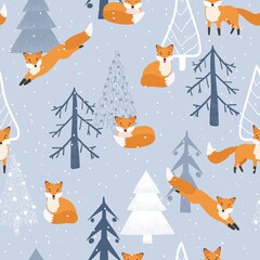 Christmas pattern. Cute fox, winter forest, snow. Seamless pattern on a white background. Winter forest with animals and Christmas tree design for textiles, wallpaper, fabric.