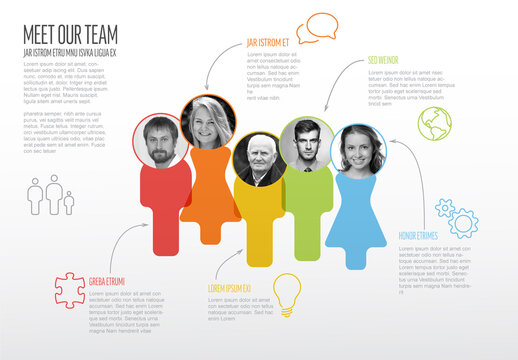 Company Team Color Presentation Template with Black and White Photos on Icon Figures