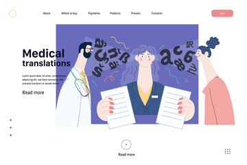 Medical translations - medical insurance web template. Modern flat vector